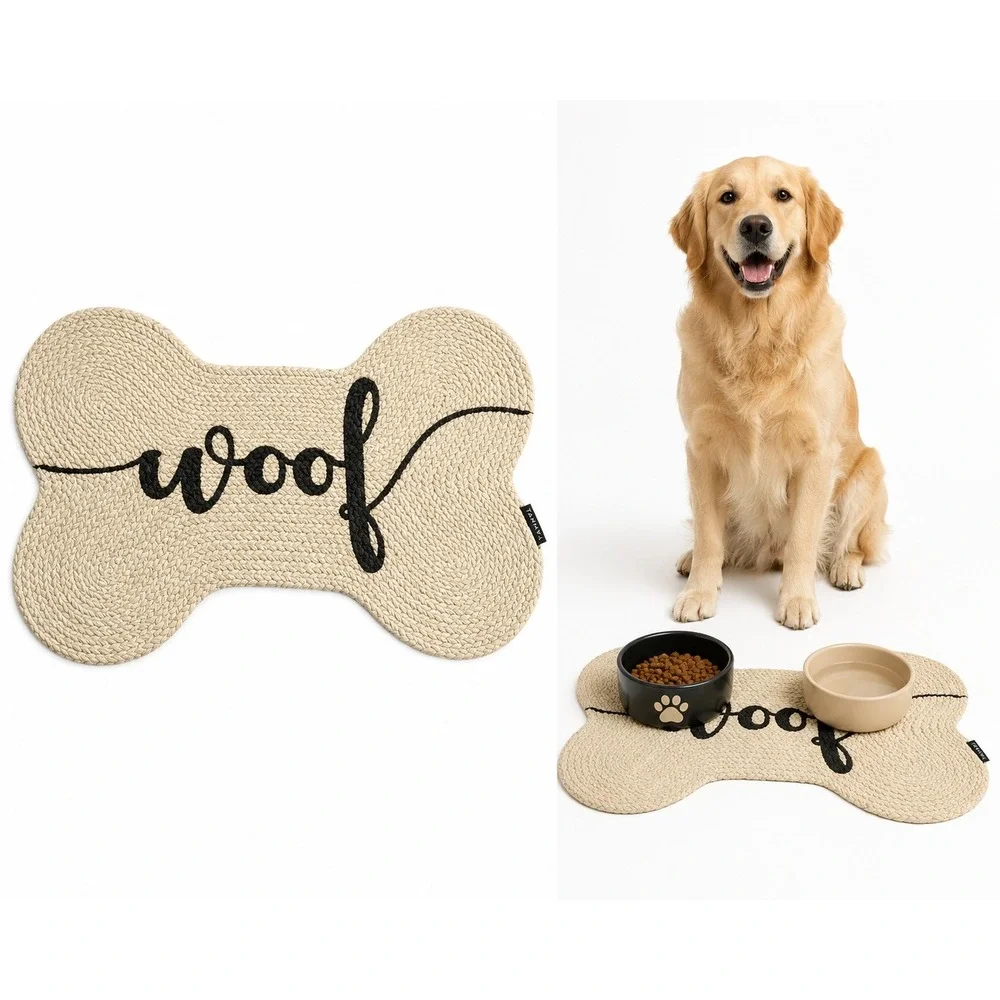 Tahari Home Woof Dog Feeding Mat Beige Braided Jute Bone Pet Placemat 22x15